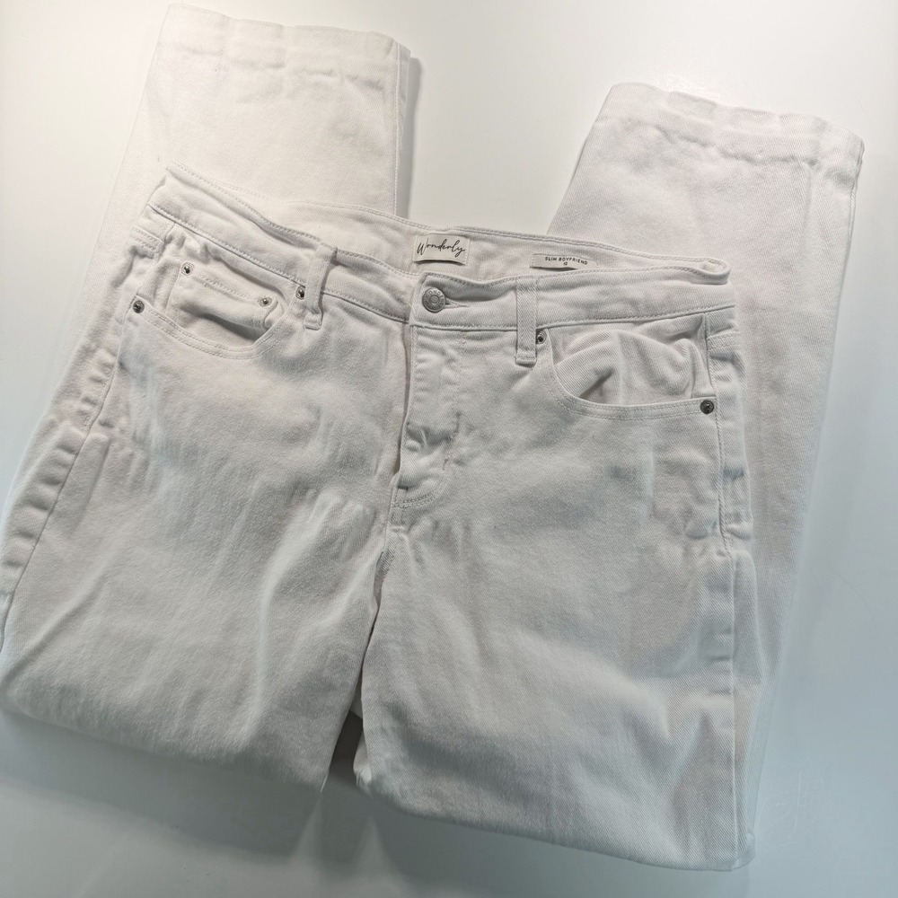 Wonderly Women's White Denim Slim Boyfriend Jean 12